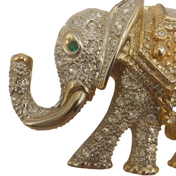 Estate Elephant Rhinestone Brooch Pin Vintage-Inspired W Green Eye~Hanging Charm - Picture 7 of 8